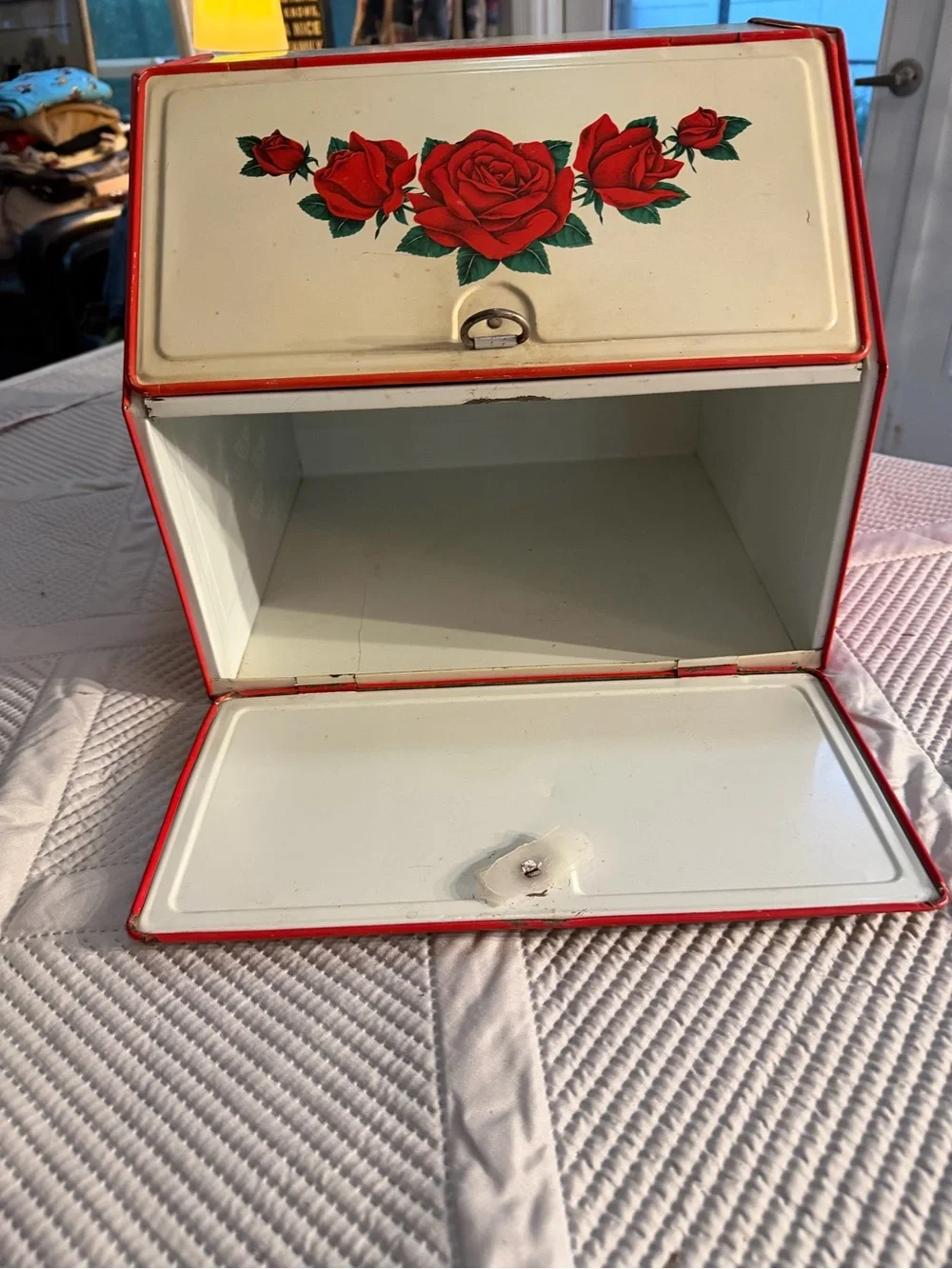 1940’s Vintage Floral Metal Bread Box/Pie Safe Red Roses Distressed Patina